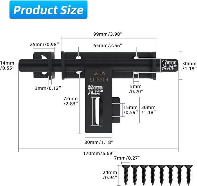 Heavy Duty Barrel Bolts Safety Door Lock, 6.7 Inch Slide Bolt Gate Latch with Padlock Hole,Solid SUS304 Stainless Steel Barrel Bolt Latch for Wooden Fence, Yard Door, Barn Door, Shed Door, Interior