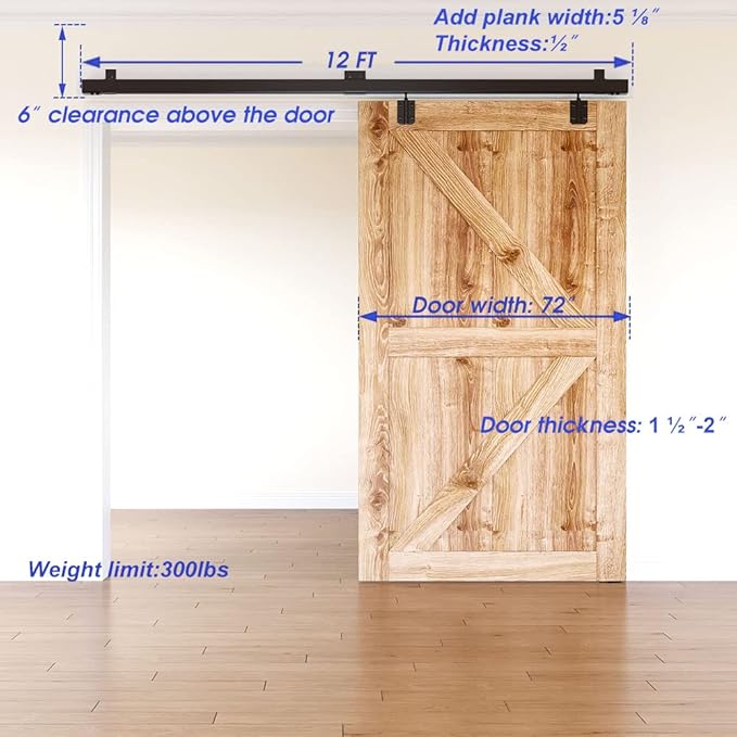 12FT Box Rail Hardware Heavy Duty Steel Sliding Barn Door Track, Wall Mount Kit, Fit Indoor and Exterior Door Single Door Hardware Kit