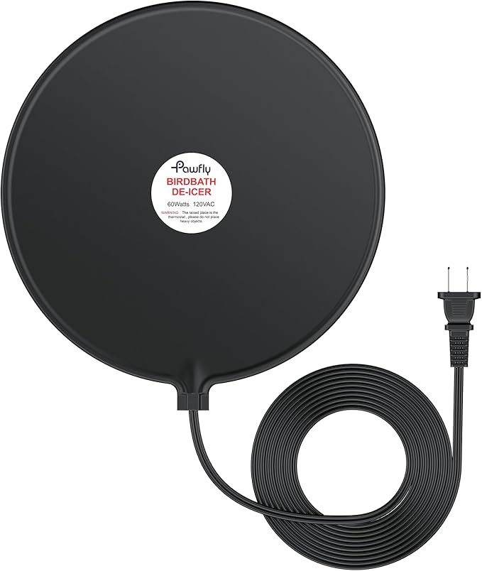 Pawfly 60 W Bird Bath Heater with Thermostat, 9.5 Inch Bird Bath De-Icer, Submersible Birdbath Deicer, Chicken Water Heater for Outdoors in Winter, Winter Water Heater for Wildlife Livestock Poultry