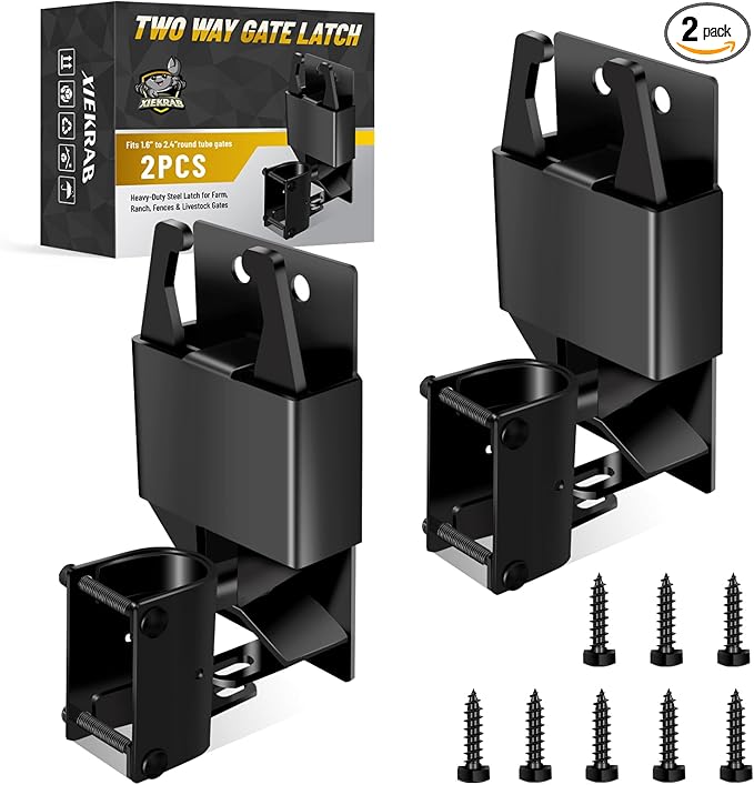 2 Pcs Farm Gate Latch, Heavy Duty 2 Way Gate Latch Lockable, Livestock Gate Latches for Metal Gates, Ranches, Farms, Stables, Horse Corrals, Pet Cages, Black Hardware with Screws