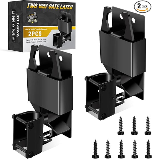 2 Pcs Farm Gate Latch, Heavy Duty 2 Way Gate Latch Lockable, Livestock Gate Latches for Metal Gates, Ranches, Farms, Stables, Horse Corrals, Pet Cages, Black Hardware with Screws