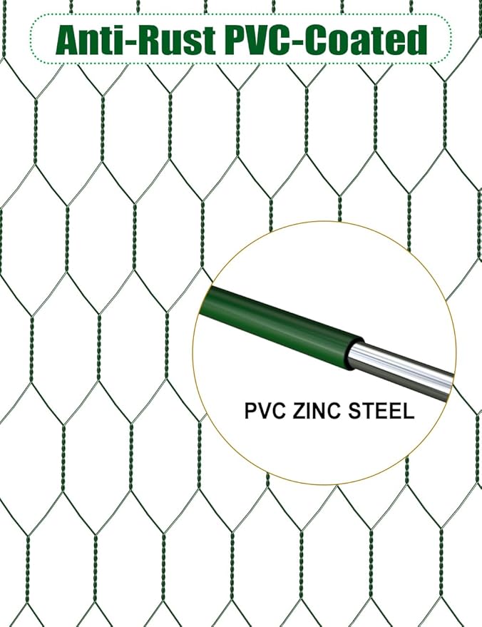 TOYPOPOR Chicken Wire, 16''x 396''/33ft Mesh Roll for Floral Arrangements, Anti-Rust PVC Coated Garden Netting, Rabbit Animal Fence with Cutting Plier, Gloves and Ties for DYI Crafts, Poultry, Garden