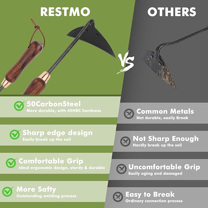 RESTMO Heavy Duty Hoe Garden Tool, Suitable for use on Hard Soil, Thickened Garden Hoe for Weeding, Digging Trenches, Planting Vegetables, and Loosening Soil