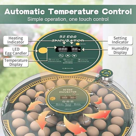 HOWOOlUA 52 Egg Incubator for Hatching Eggs with Auto Turn, Temp Control & Humidity Display, Built-in Candler Large Capacity Egg Incubator for Chicken Quail Duck Goose Eggs (52A-Green)