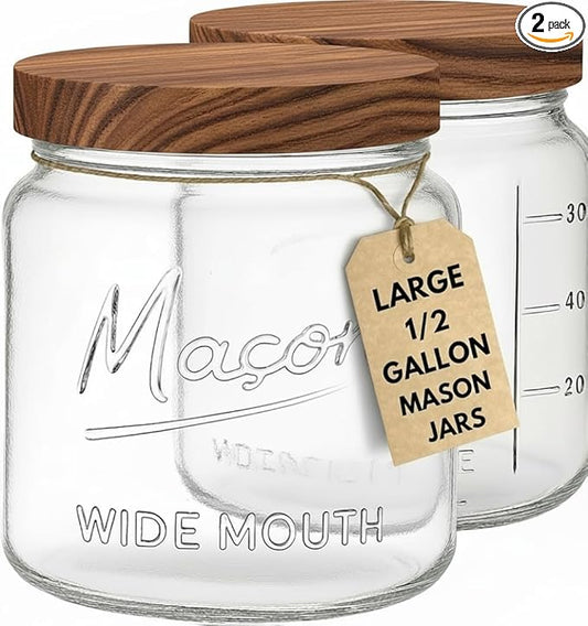 kitchentoolz Large Mason Jars with Lids – 64 oz Mason Jars Wide Mouth, 1/2 Gallon Glass Jar with Lid for Pantry Storage, Canning, Flour, Dry Goods – 2 Pack