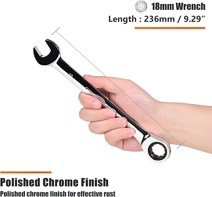 Egofine 18mm Ratcheting Combination Wrench Metric, Industrial Grade Gear Spanner with 12-Point Design, 72-Tooth Ratchet, Chrome Vanadium Steel