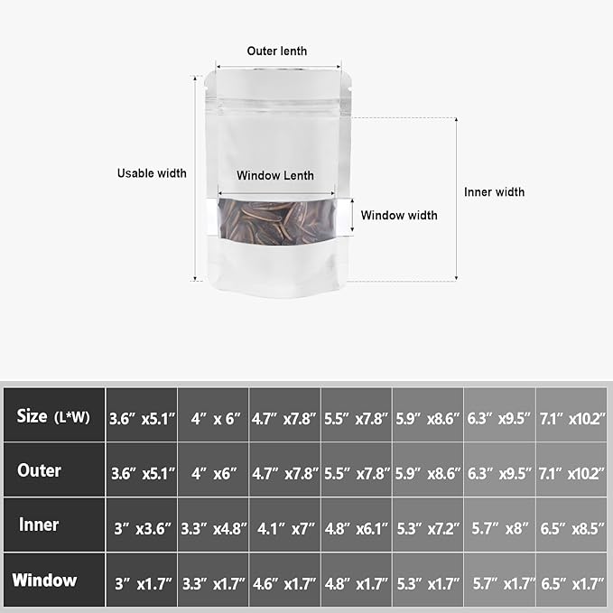 5.5"x7.8" 120pcs Mylar Bags for Food Storage,Smell Proof Bag with Matte Window Resealable Food Storage Bags for Small Business, Stand-up Foil Pouch Packaging Freeze Dried Candy Bag（White）