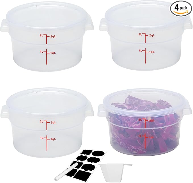 Round Food Storage Container with Lid, 2 Qt Translucent, Commercial 4 Pack of – NSF Listed, BPA-Free, Polypropylene, Non-Stick, Scale, with Labels & Measuring Cups