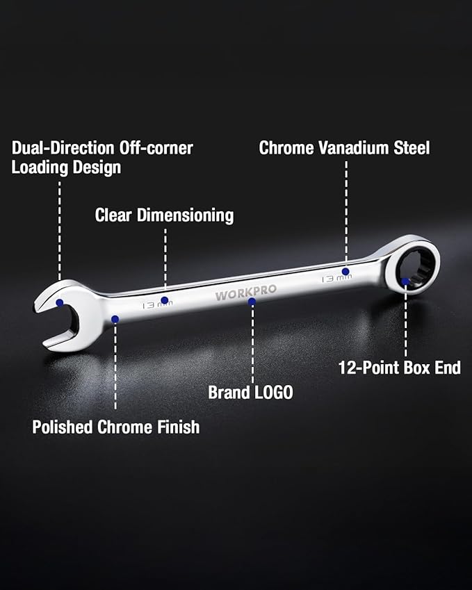 WORKPRO 13 mm Ratcheting Combination Wrench Metric, CR-V Constructed with Mirror Polish Chrome Plating, 12-Point Design, 15-Degree Offset