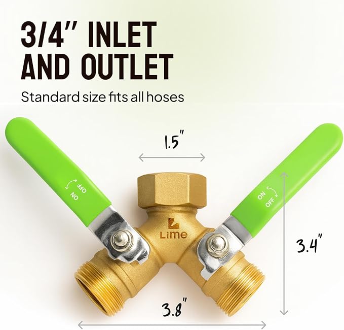 2-Way Hose Splitter – Heavy Duty Brass Y Connector with Stainless Steel Rubbered Handle, 3/4” GHT Thread – Full Flow Garden Hose Splitter for Outdoor Faucets
