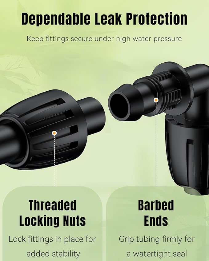 Pawfly 15 Pcs Drip Irrigation Fittings for 1/2 Inch Irrigation Tubing, Barbed Elbow Parts for Garden Irrigation System, 1/2" Drip Line Connectors with Anti-Drop Lock Nuts (1/2" ID x 0.64" OD)