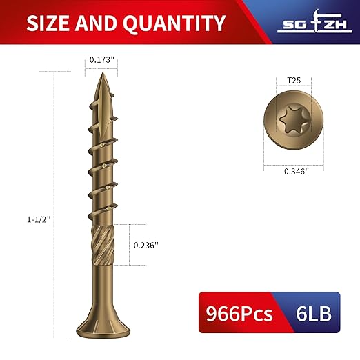 #8 x 1-1/2" Deck Screws (966Pcs) 6lb. Carbon Steel, Yellow, Flat Head, Rust Resistant epoxy Coated, with T25 Star Bit