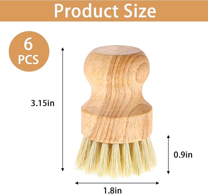 6 Packs Bamboo Dish Scrub Brushes Wooden Scrubbers Set Kitchen Dishwashing Scrubber with Natural Sisal Bristles for Cast Iron Pots, Pans, Kitchen Sink and Vegetable