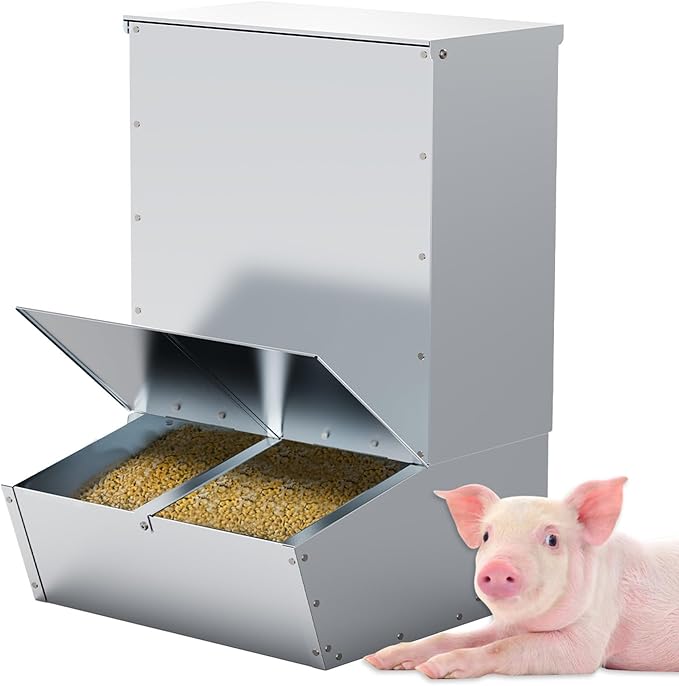 2 Door Hog Feeder, 3.7 Bushels Pig Feeder, Heavy Duty Galvanized Steel Piglet Creep Feeder, Easy Installation in Farm, Silver
