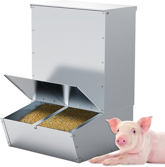 2 Door Hog Feeder, 3.7 Bushels Pig Feeder, Heavy Duty Galvanized Steel Piglet Creep Feeder, Easy Installation in Farm, Silver