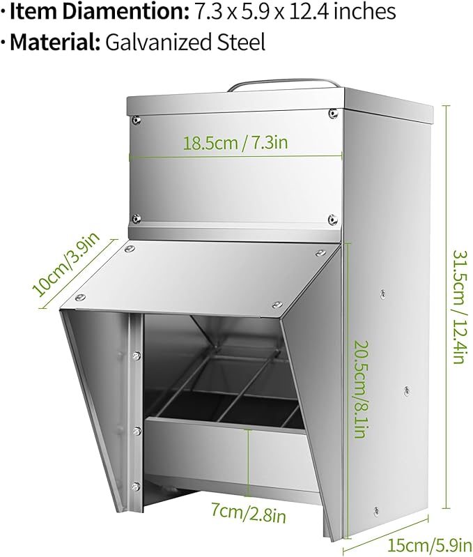 RYFT Galvanized Chicken Feeder 11.5 Lbs Capacity, Outdoor Rat Proof Metal Poultry Feeder with Lid, Hanging Chicken Feeder, Coop Food Dispenser No Waste for Chicken， Duck