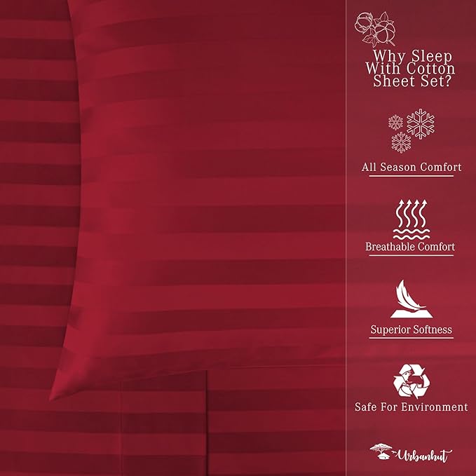 URBANHUT 1000 Thread Count Damask Striped Full Bed Sheets Egyptian Cotton Sheet Set, Long Staple Soft & Breathable, 4 Pc Bed Sheet Sets, Luxury Hotel Sateen Sheets Fits 16" Deep Pocket - Burgundy