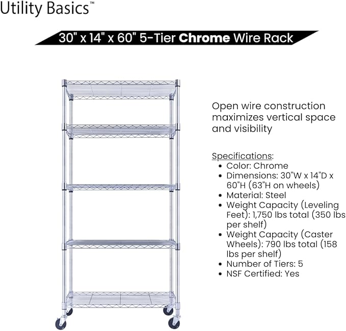 5-Tier Wire Shelving with Wheels, 30"x14"x60" Heavy Duty Metal Shelves 1750 lbs Max Capacity, Chrome Storage Rack for Garage Kitchen Pantry