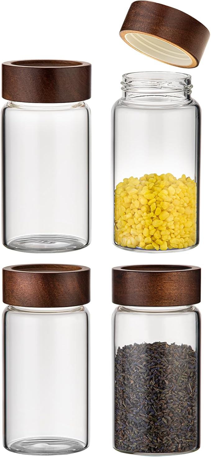 Small Glass Jars with Airtight Lid Clear Coffee Ground Storage Canister Wooden Lid Round Glass Spice Jar for Pantry Sugar Tea Bean Nuts Cookies Bath Salts (4×250ml(8.4oz))