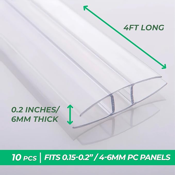 Polycarbonate Greenhouse Panels (H Connectors) - 0.2" Thick, Fit 6mm or 4mm Twin-Wall Polycarbonate Panels, Join 2 Pieces of Panels Together, 4-Foot Length, 10 Pieces (H Connectors 6mm, 4ft)