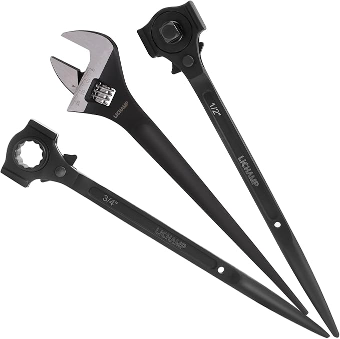 Lichamp 3 Pack 12 In. Spud Wrench Ratchet Set, 3/8" x 1/2" Dual Driver Ratchet, 3/4" x 7/8" Dual Socket Scaffold Spanner and 12 in. Spud Adjustable Wrench