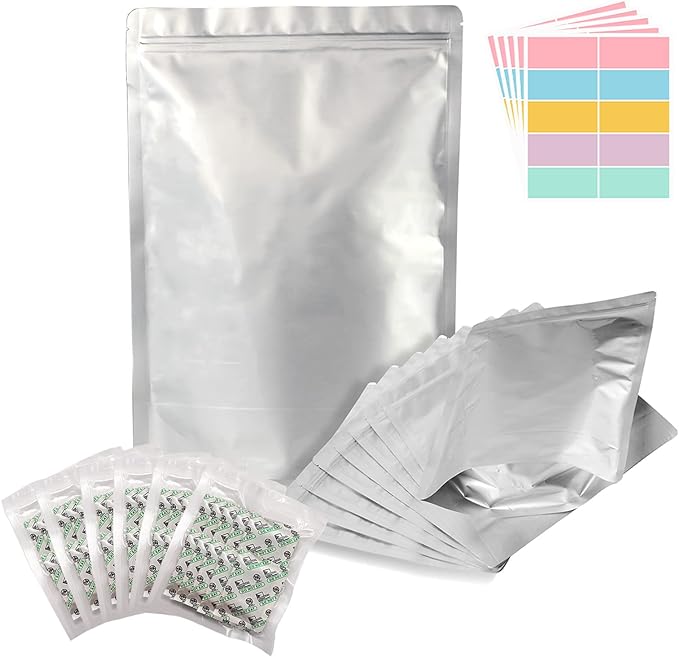SHXWELL 50pcs 1 Quart Mylar Bags for Food Storage with Oxygen Absorbers 200CC (6 Packs of 10pcs) and Labels, 10 Mil 7"x10" Zipper Pouches Resealable and Heat Sealable for Long Term Food Storage