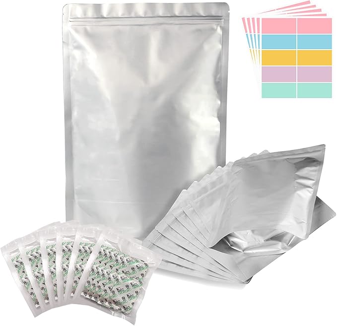 SHXWELL 50pcs 2 Quart Mylar Bags for Food Storage with Oxygen Absorbers 300CC (6 Packs of 10pcs) and Labels, 10 Mil 8"x12" Zipper Pouches Resealable and Heat Sealable for Long Term Food Storage