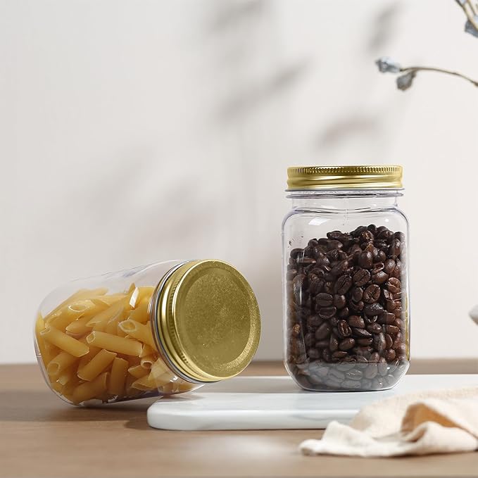 novelinks 16 oz Clear Plastic Jars with Screw-On Lids - BPA-Free Refillable Storage Containers for Slime, Food, Crafts, Kitchen & Household Use (20 Pack,Gold)