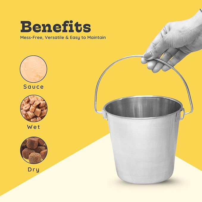 2 quart Heavy Duty Stainless Steel Round Bucket with Handle | 0.5 gal Sturdy Food & Water Bowl for Small Birds Dog Cat & Livestock | Fits kennel Crate Cage Farm | Hanging Utility Pet Pail