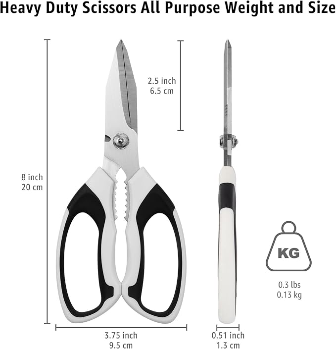 8-Inch Utility Scissors All Purpose Heavy Duty, Serrated Blade, White Comfort Grip for Cutting Carpet, Cardboard, Leather, Fabric, Multipurpose Sharp Shears for Kitchen, Garden, Office, Carft