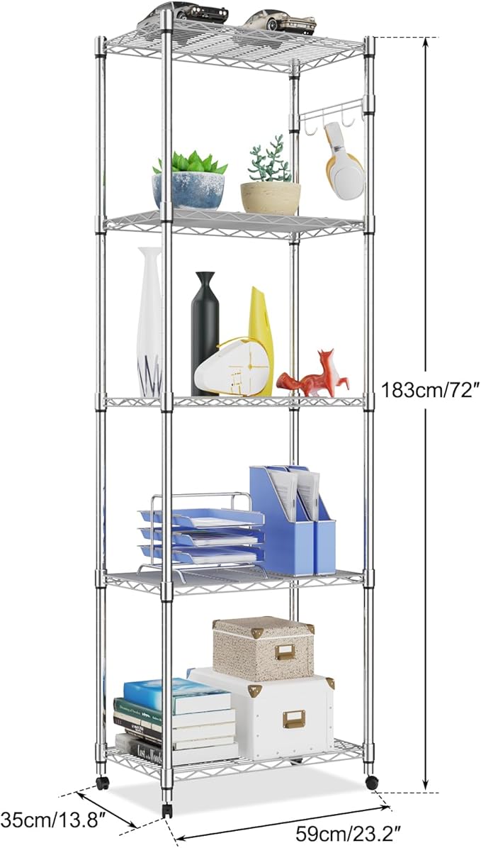 Himimi 5-Tier Storage Shelf Wire Shelving Unit on Wheels Heavy Duty Metal Shelves Adjustable Steel Rack Organization for Kitchen Garage Basement, Silver