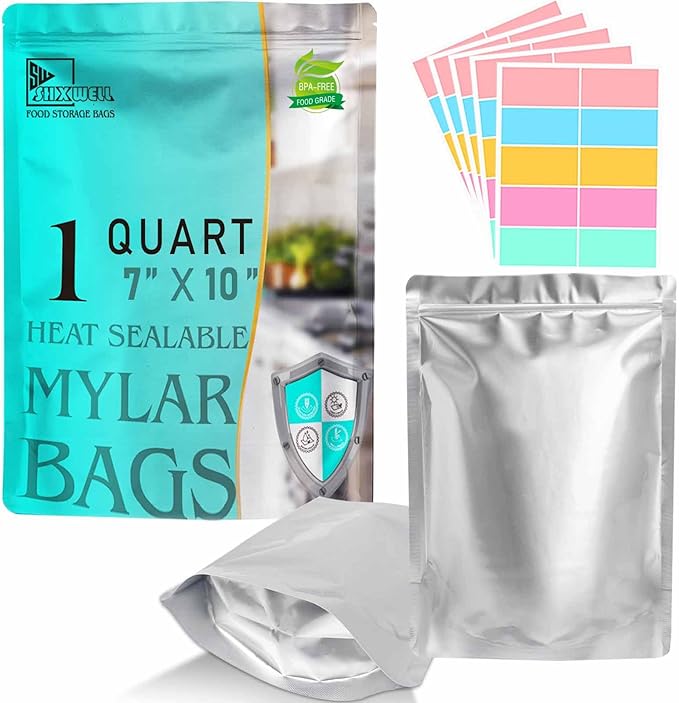 SHXWELL 50pcs 1 Quart Mylar Bags for Food Storage, 7"x10" 10 Mil Stand-Up Zipper Pouches Resealable and Heat Sealable for Long Term Food Storage(7"x10", Extra Thick)