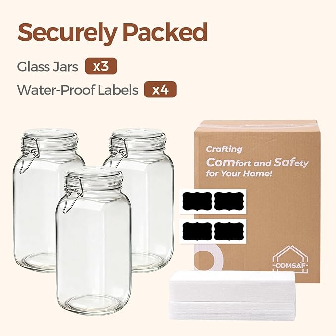 ComSaf Airtight Glass Jars with Lids 0.6 Gallon Set of 3, Food Storage Canister Square-Storage Container with Clear Preserving Seal Wire Clip Fastening for Kitchen Canning Flour, Cereal, Pasta, Bean