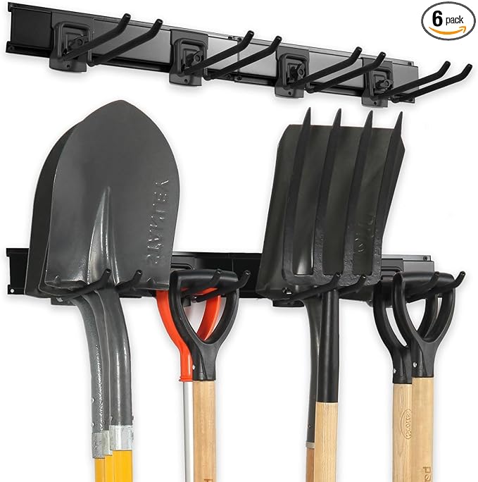 Garage Organization Wall Mount, 32inch Garden Tool Organizer With 6 Clamping Hooks, Heavy Duty, Garage Hanging Storage Rack For Yard Tools, Shovel, Shed, Hold Up to 300lbs (32Inch Black)