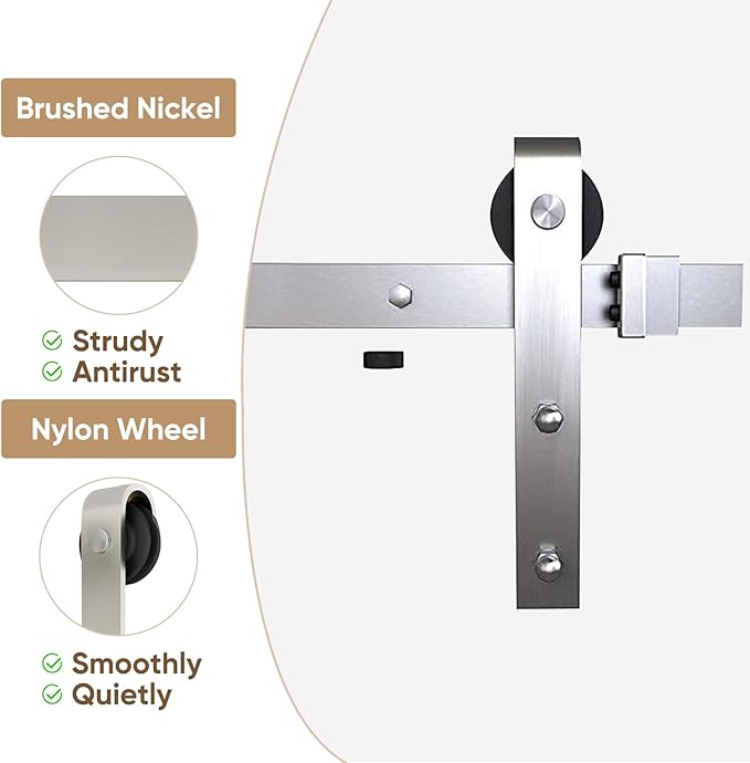 JUBEST 6 FT Brushed Nickel Sliding Barn Door Hardware Kit Smoothly and Quietly Hanger Roller Flat Track Kit, J Shape Roller Heavy Duty Nickle Barn Door Track,Easy to Install