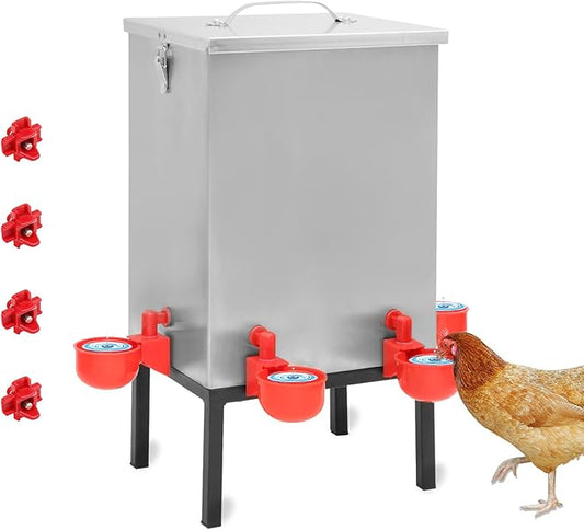 Chicken Waterer 3 Gallons,Stainless Steels Automatic Chicken Waterer ,Poultry Watering No Waste 4 Water Cups Chicken Waterer and 4 Horizontal Automatic Chicken Nipples,with Latch and Bottom Bracket