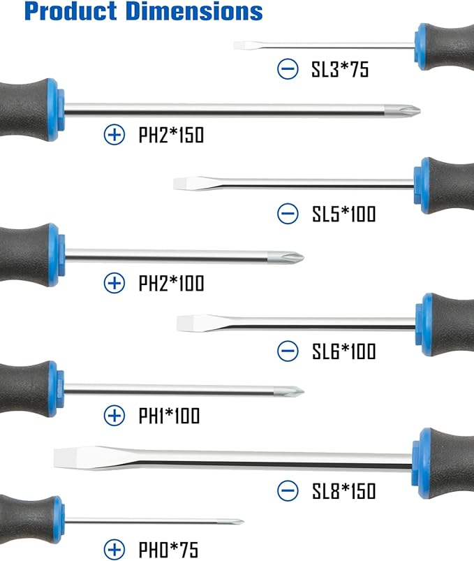 ROTATION 8-Piece Magnetic Screwdrivers Set with Nichrome tip, 4 Phillips and 4 Slotted Tips, Professional Cushion Grip Screwdriver Set with High Torque (8pc_silver tip_gloss)
