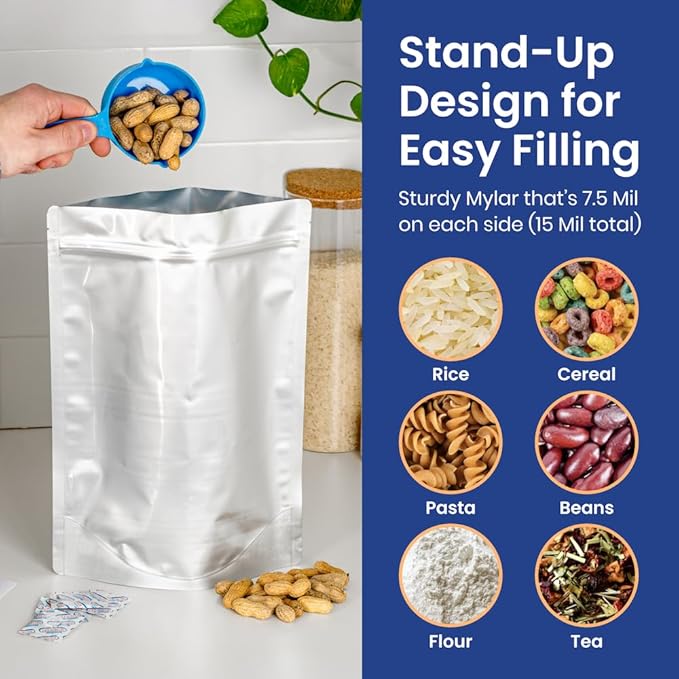 Wallaby 30 Count 1-Gallon Gusset Mylar Bags with 400cc Oxygen Absorbers, 15 Mil Total Thickness Long-Term Food Storage Pouches, 10x14 Stand-Up Zipper Heat-Sealable Airtight Packaging - Silver