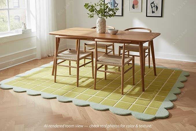 Checkered Wool Area Rug with Scalloped Border, Chartreuse Green & Cream Grid, Hand-Tufted, Soft Cut Pile, Modern Cottagecore Living Room, Bedroom & Nursery Carpet - 5x8 Ft