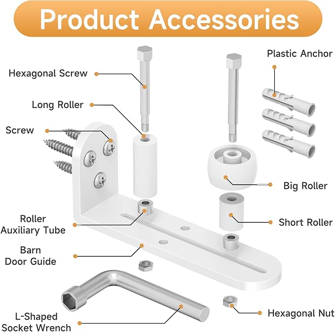 4PCS Sliding Barn Door Floor Guide, Adjustable Rollers Barn Door Hardware, Barn Door Rollers, Flush Flat Bottom Design, Rounded Edge Design (White)