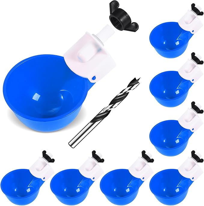 Chicken Waterer Cups (8 Pack/Blue) - DIY Automatic Large Chicken Water Feeder for Ducks,Chicks, Turkeys, Quail, Bunny, Bird and Other Various Poultry Dispenser with Matching Drill
