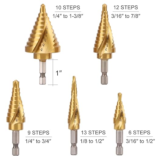 COMOWARE 5PCS Titanium HSS Step Drill Bit Set with 1/4" Hex Shank, Automatic Center Punch, Two Spiral Flute Impact Design, Ideal for Metal, Stainless Steel, Wood, Plastic