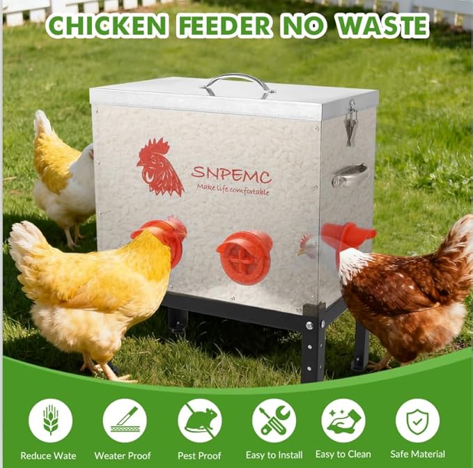 Automatic Chicken Feeder - 40lb 6 Ports Large Capacity Metal Chicken Feeder with Locking Lid and Legs, No Waste Poultry Feeder for Chickens, Ducks, Geese, Turkeys, Quails