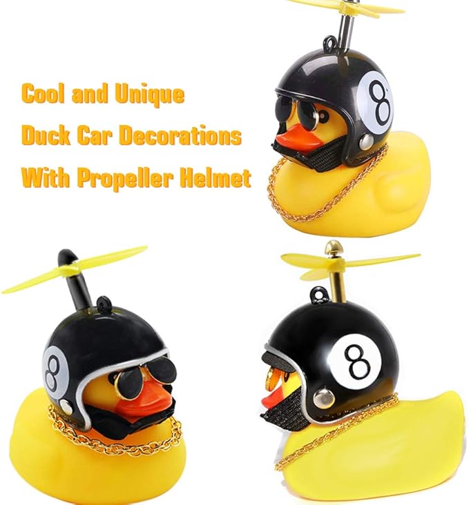 wonuu Rubber Duck Toy Car Ornaments Yellow Duck Car Dashboard Decorations Squeeze Duck Bicycle Horns with Propeller Helmet