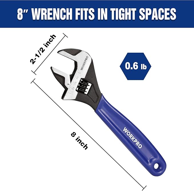 WORKPRO 8-Inch Adjustable Wrench, Cr-V Steel Wide Jaw Black Oxide Wrench, Metric & SAE Scales, for Home, Garage, Workshop and DIY