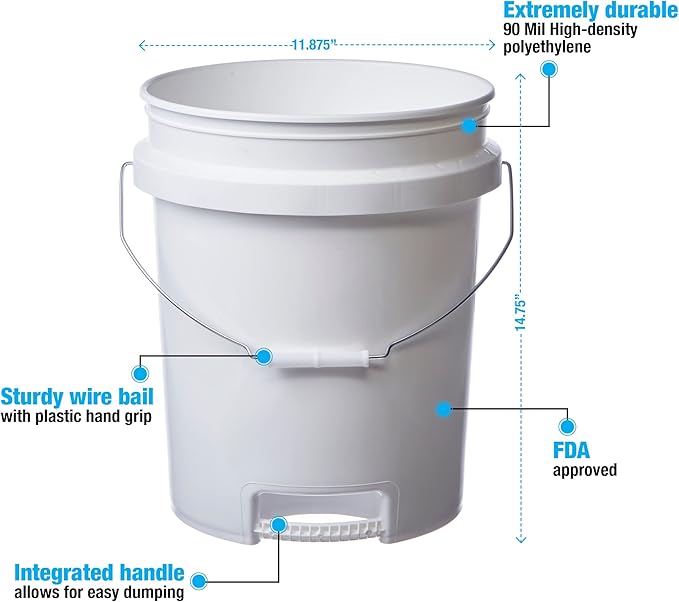 Consolidated Plastics 5 Gallon White Food Grade Buckets with Bottom Grip Handle & Gamma Seal Lids, BPA Free Container Storage, Durable HDPE Pails, Made in USA (6 Pack, Yellow Lids)