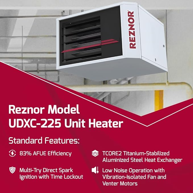 Reznor 225,000 BTU LP Gas Commercial Propane Heater | Garage, Warehouse, and Propane Shop Heater | Forced Air Unit, Ceiling Mount, Low Static Propeller Fan | UDXC-225