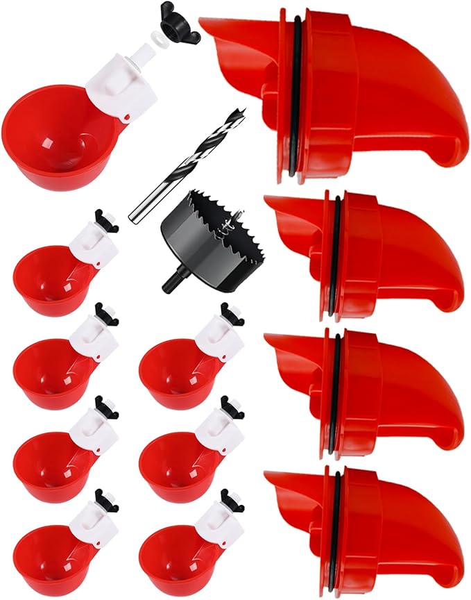 Chicken Feeder and Waterer Set, 8 Pack Chicken Waterer Cups and 4 Pack Chicken Feeders, DIY Automatic Large Chicken Water Feeder, Applicable to Ducks, Chicks, Other Various Poultry with Matching Drill