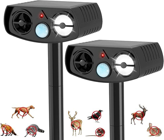 Solar Powered Animal Repeller, Ultrasonic Pest Deterrent with LED Strobe Light, Green, Motion Sensor, 14.8 Inch Stake, for Yard Garden 2 Packs