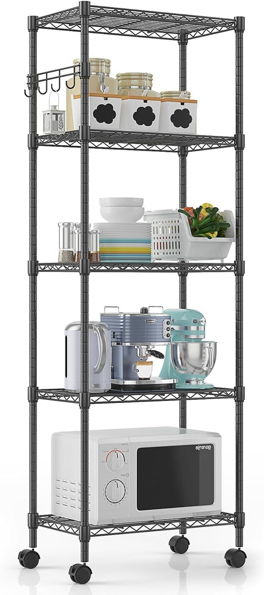 Himimi 5-Tier Wire Shelving Unit on Wheels, Adjustable Heavy Duty Metal Shelves with Side Hooks, Metal Organization Wire Rack for Kitchen Garage Basement, 13" L x 23" W x 72" H, Black